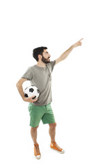 Fototapeta premium Young man holding ball and beer, pointing. Isolated on white background 