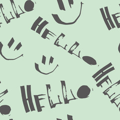 Seamless pattern with the inscription Hello with black lettering on a white background.