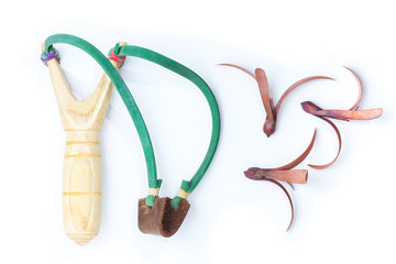 Isolated of wooden catapult slingshot with seed plant on white background
