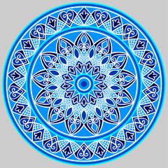Drawing of a floral mandala in blue and white colors on a gray background