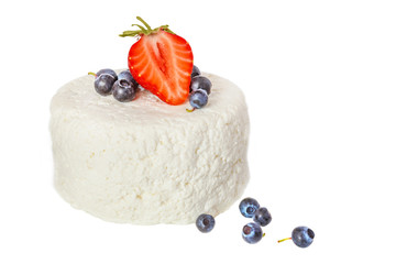 cottage cheese with strawberries and blueberries isolated on a white background  - 115299657
