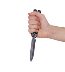 hand holding knife isolated on white background
