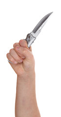 hand holding knife isolated on white background