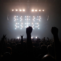 Audience with hands raised at a rock concert