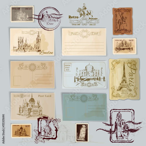 "Vintage Postcards Set" Stock image and royalty-free vector files on