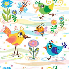 birds, summer, spring, pattern with birds, bees and butterflies