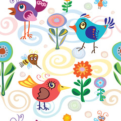 birds, summer, spring, pattern with birds, bees and butterflies