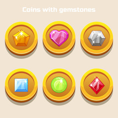 Set of different cartoon coins with colorful gemstones inside, for web game