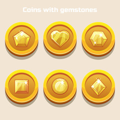 Set of different cartoon coins with gemstones inside, for web game or application interface