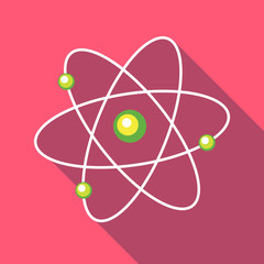 Atom with electrons icon in flat style on a pink background