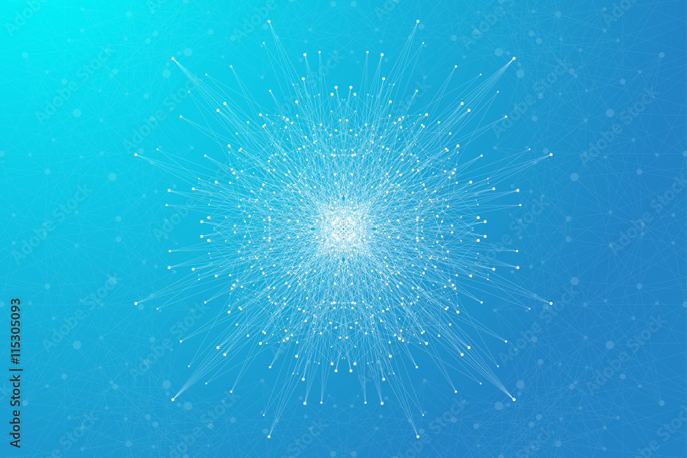 Aufkleber Geometric background molecule and communication. Social network information. Connected line with dots. Big data composition. Perspective visualization, radial graphics. Vector illustration.