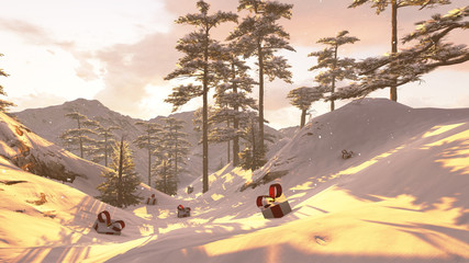 Christmas illustration with gifts in the snow. Christmas Magic Morning surprises. Render image