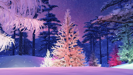 Magic Christmas tree with colorful lights illustration. Render image