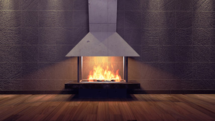 Fototapety  Modern Fireplace in white metal. Concrete stone wall. Soft Lights. 3D Render Image