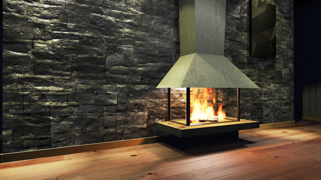 Modern Fireplace in white metal. Concrete stone wall. Soft Lights. 3D Render Image