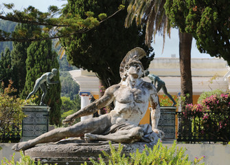 Statue of Dying Achilles in the gardens of Achilleion palace. Located on greek Corfu island, Greece.