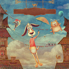Fragment of a city . Sweet animals: dog with  umbrella, fish and  cat   in sky , illustration art