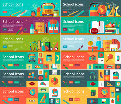 Vector collection of flat education design concepts. Horizontal banners set with school items.