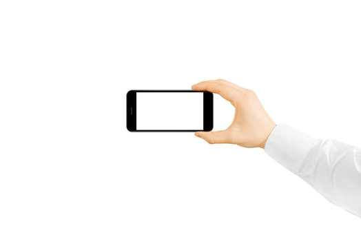 Man hold phone blank screen mockup in hand, taking photo and video. Clear display smartphone mockup taking self shot, selfie photography. Empty monitor smart cell phone hand taking selfie picture men.