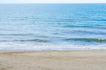 Fototapeta na wymiar The Black Sea shore, seaside from Albena, Bulgaria, beach with golden sands, blue clear water