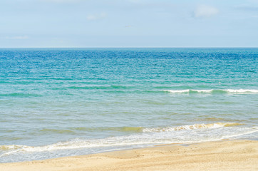Fototapeta na wymiar The Black Sea shore, seaside from Albena, Bulgaria, beach with gold sands, blue water waves