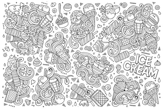 Line art vector cartoon set of ice-cream objects © balabolka