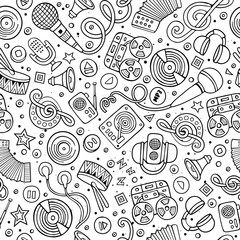 Naklejka premium Cartoon hand-drawn musical instruments seamless pattern