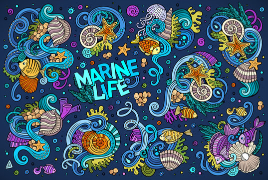 Colorful set of marine life objects