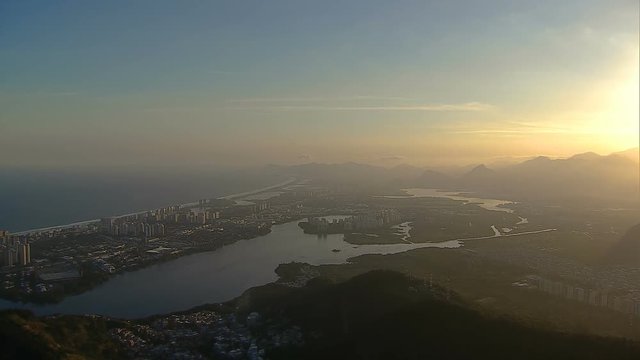 Flying above Bara da Tijuca at sunset, Rio De Janeiro, Brazil