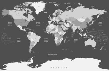 political world map in grey scales color palette. Vector illustration