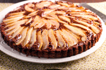 Chocolate and almond tart with pear