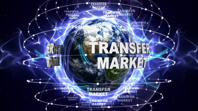 TRANSFER MARKET Text Animation and Earth, Loop, 4k
