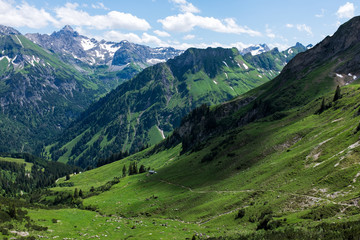panorama landscape in Bavaria with alps mountains and meadow at spring