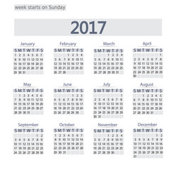 2017 Calendar template.  Business format. Week starts on Sunday. 
