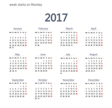 2017 Calendar template.  Business format. Week starts on Monday 
