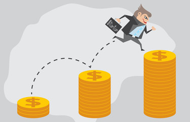 Businessman jump up the dollar coin and holding his bag with business startup and crowdfunding concept.