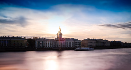 Fototapeta premium Horizontal vivid sunset Saint Petersburg toy bokeh background