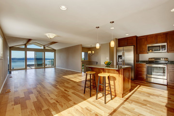 Spacious kitchen interior with hardwood floor and beige walls in luxury house.