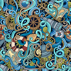Cartoon hand-drawn nautical doodles seamless pattern