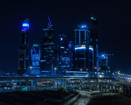 Horizontal Vivid Blue Night Moscow City Business Center Backgrou