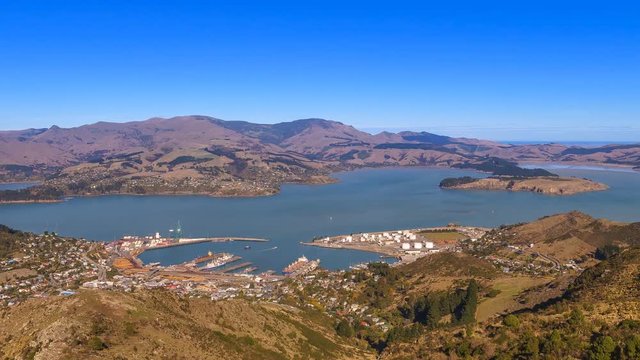 Lyttelton Harbour or Whakaraupo in Christchurch, New Zealand. View From Christchurch Gondola, Time Lapse Wide Angle View Zoom In