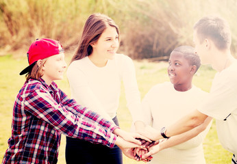 Four friends on countryside field