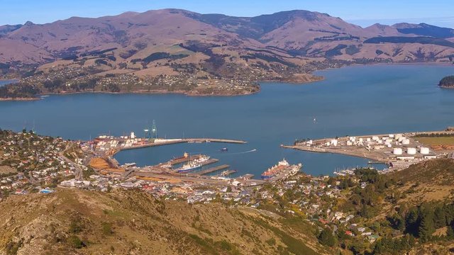Lyttelton Harbour or Whakaraupo in Christchurch, New Zealand. View From Christchurch Gondola, Time Lapse Zoom In Pan Down