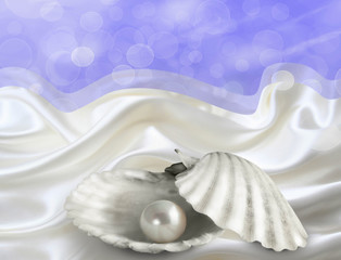 Abstract background with single pearl in oyster shell on white satin and blue bokeh sky