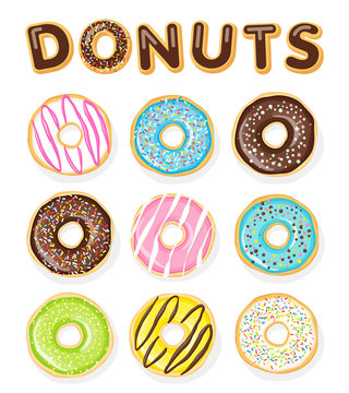 Set of sweet donuts on the white background. Vector food illustration.