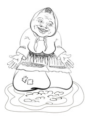 elderly woman in a apron in a jacket coloring book