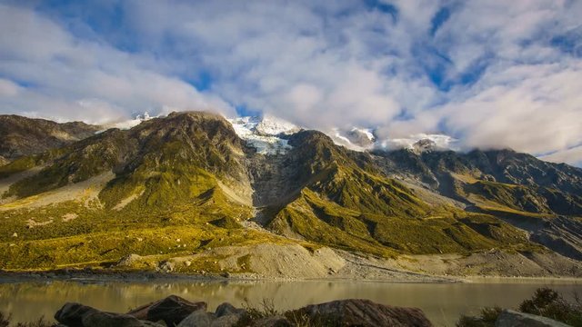 Hooker Glacier Terminal Lake And Aoraki Mount Cook At Mount Cook National Park, New Zealand. Moving Shadow On Mountain, Time Lapse Pan Down