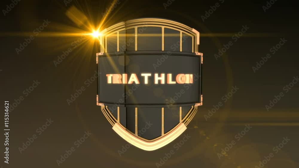 Poster seamless looping 3d animation of the word triathlon on a shield – orange light version; including al