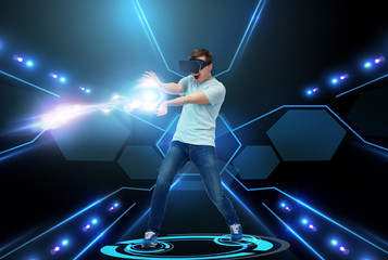 happy man in virtual reality headset or 3d glasses