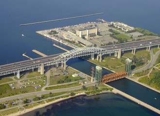 aerial view of the Burlington Canal Lift Bridge a historic Truss Bridge and the modern Skywaybridge on the QEW in Burlington and Hamilton Halton Region, Ontario and Hamilton City, Ontario